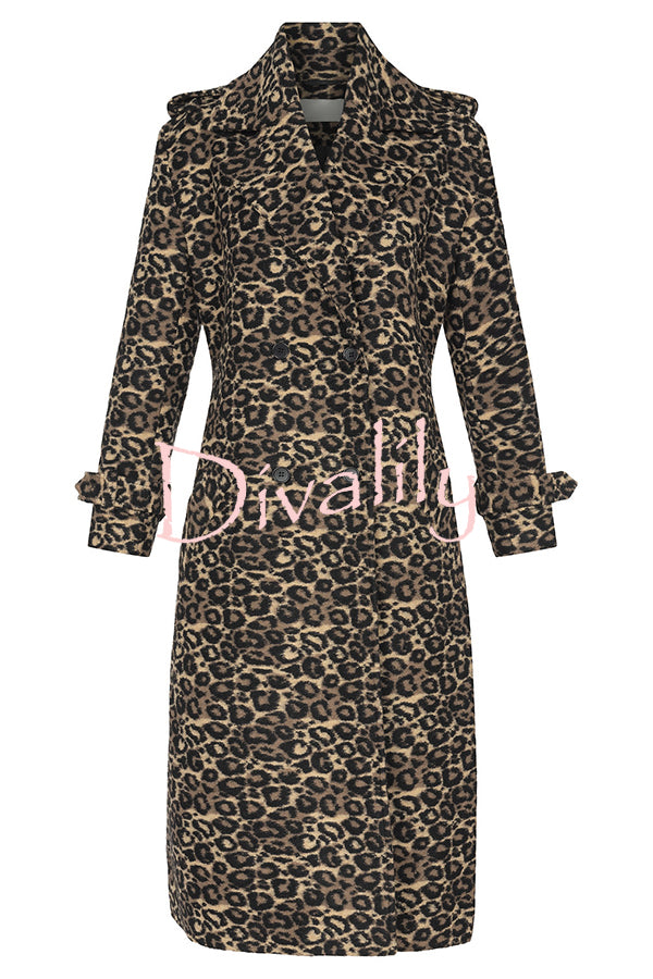 Leopard Affair Animal Print Epaulettes Long Sleeve Pocketed Lapel Midi Trench Coat