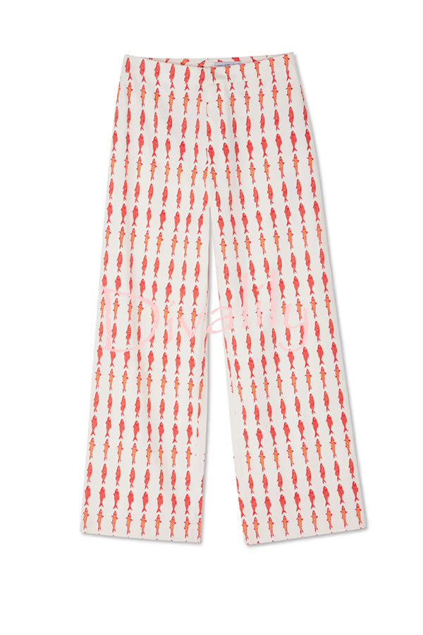 Good Luck Linen Blend Koi Pattern High Rise Elastic Waist Loose Pants