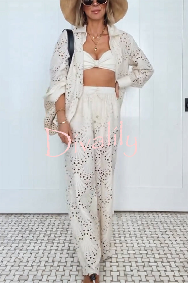 Lillah Embroidered Lace Shell Pattern Long Sleeve Loose Blouse