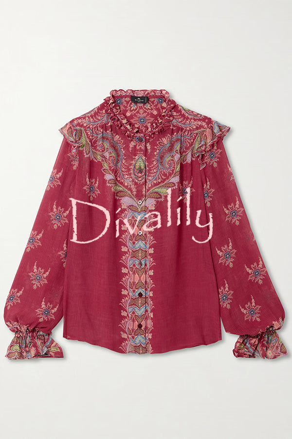 Unique Printed Chiffon Long-sleeved Loose Shirt and Elegant Ruffled Maxi Skirt Set