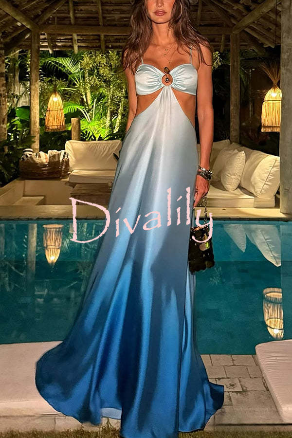 Joceline Satin Gradient Print Metal Decoration Cutout Back Tie-up Vacation Maxi Dress