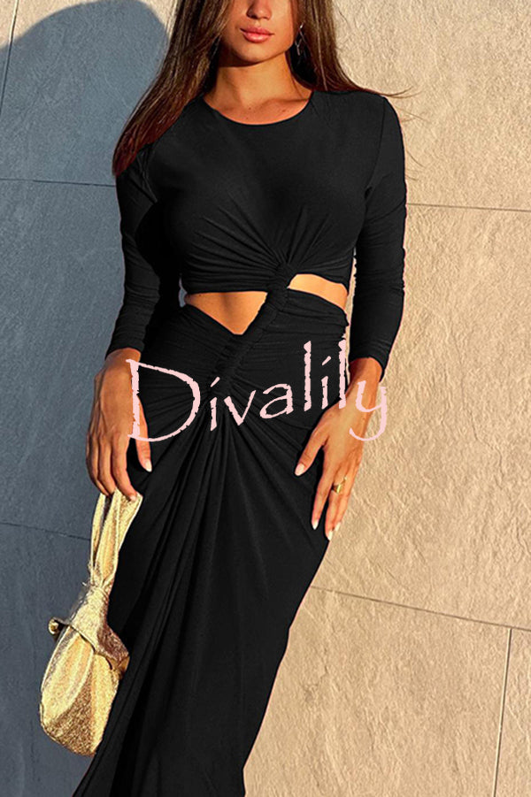 Solid Color Round Neck Long Sleeve Sexy Exposed Waist Slit Maxi Dress