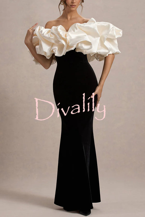 Cecily Velvet Off Shoulder Satin Structured Bardot Neck Stretch Maxi Dress