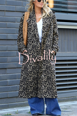Leopard Affair Animal Print Epaulettes Long Sleeve Pocketed Lapel Midi Trench Coat