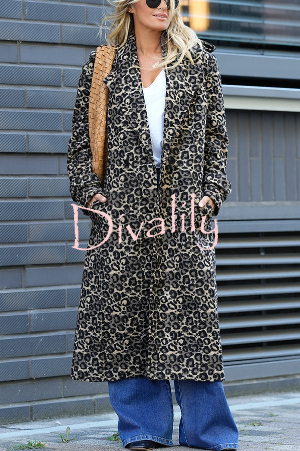 Leopard Affair Animal Print Epaulettes Long Sleeve Pocketed Lapel Midi Trench Coat