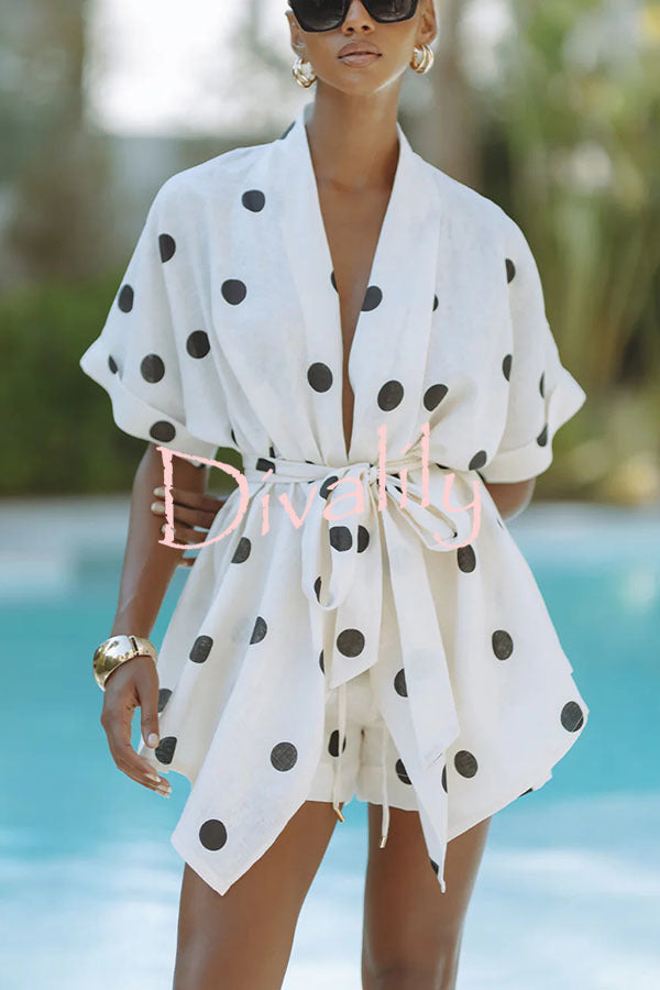 Playful Linen Blend Polka Dot Tie-up Kimono Top and Elastic Waist Pocket Shorts Set