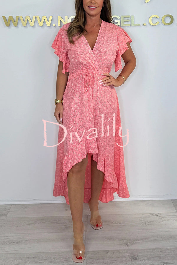 Resort Style V-neck Ruffle Sleeves Waist Tie Irregular Midi Dress
