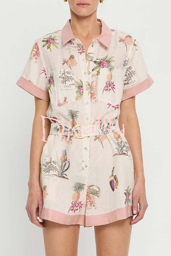 Plant Print Lapel Short Sleeves Loose Pocket Waist Tie Casual Rompers