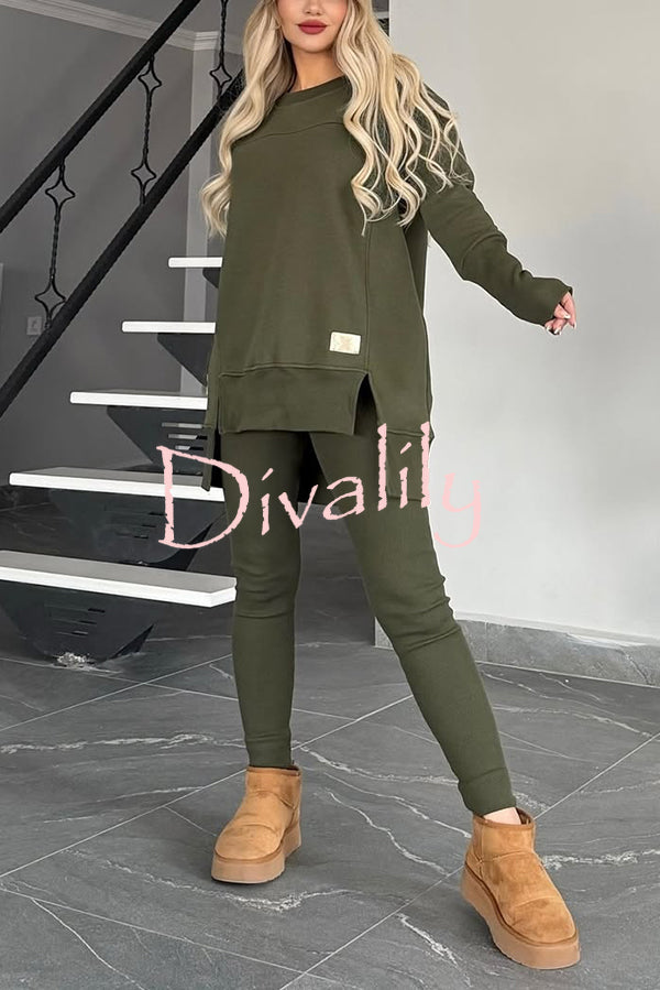 Solid Color Crew Neck Long Sleeve Top and Casual Stretch Pants Set