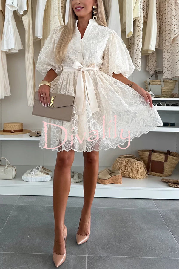 Summer Romance Embroidery Lace Puff Sleeve Button Tie-up Mini Dress