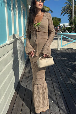 Ellora Knit Hollow Texture Tie-up Long Sleeve Fishtail Stretch Maxi Dress