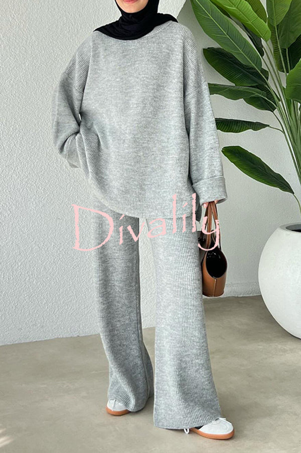 Solid Color Loose Long-sleeved Knit Top and Elastic Waist Casual Straight Leg Pants Set