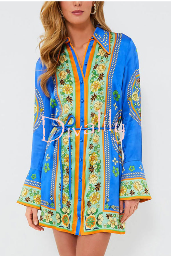 Katia Satin Unique Print Shaped Collar Tie-up Waist Shirt Mini Dress