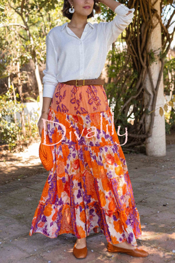Resort Style Floral Print Elastic Waist Loose Stitching Maxi Skirt