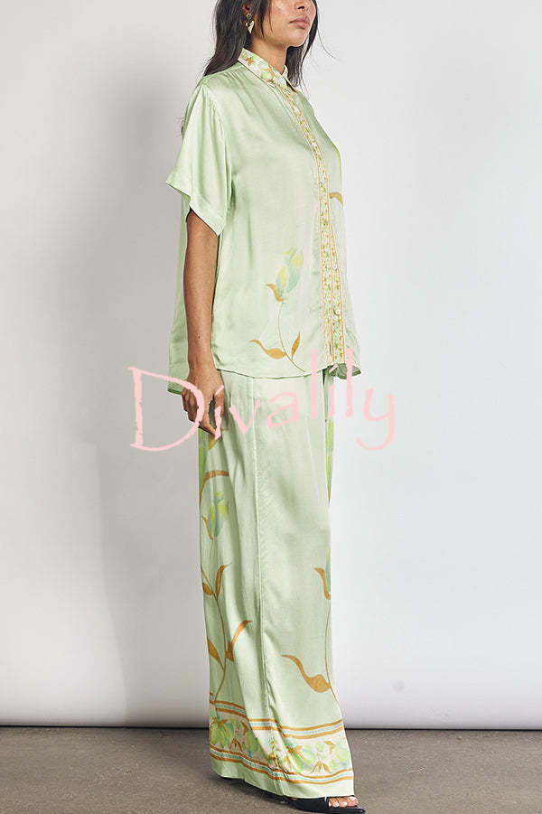 Niah Satin Tulip Print Lapel Short Sleeve Shirt and Elastic Waist Tie Pocket Wide Leg Pants Set