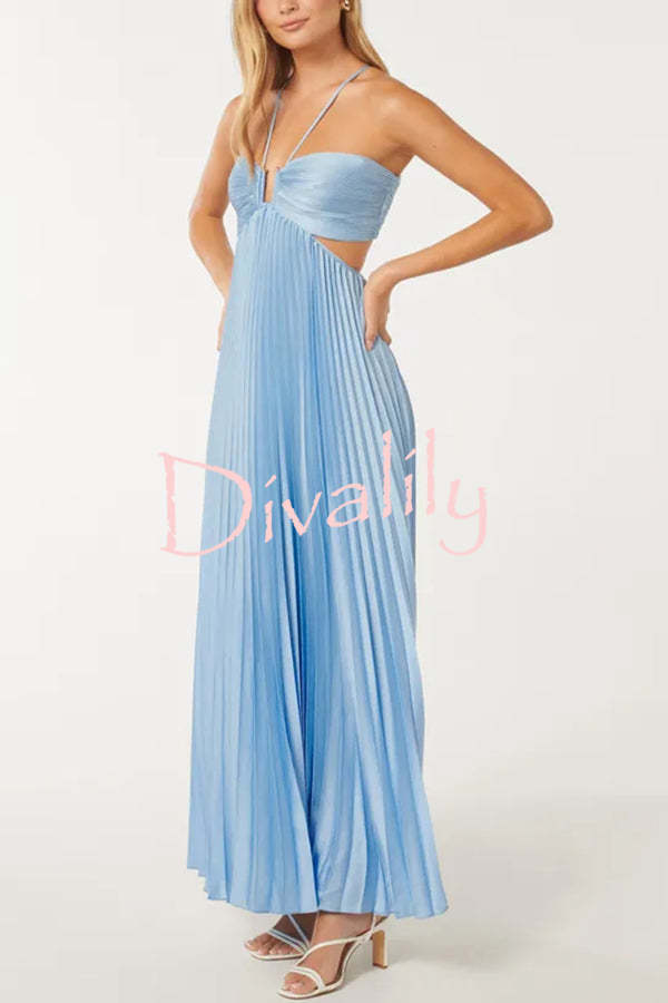 Caught Your Eye Satin Pleated Cross Straps Cutout Flowing Maxi Dress