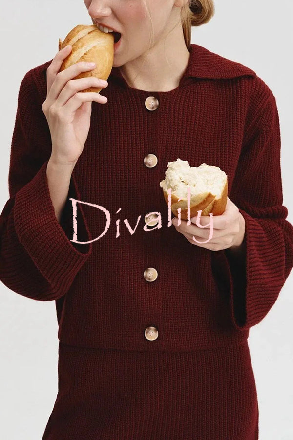 Fashion Lapel Bell Sleeve Knitted Cardigan and Casual Mini Skirt Set