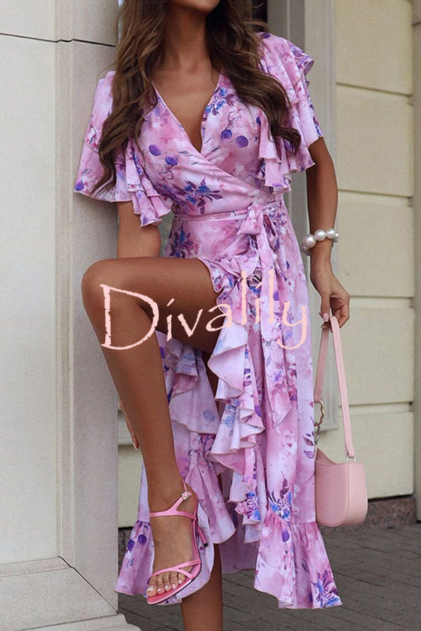 Unique Printed V-neck Ruffled Loose Midi Dress