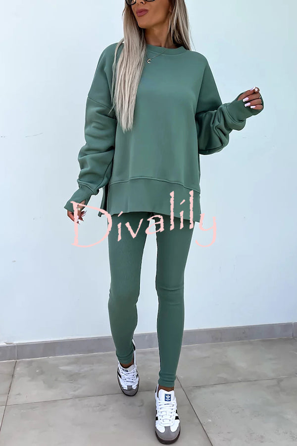 Solid Color Loose Long Sleeve SlitSweatshirt and Elastic Waist Tight Pants Set