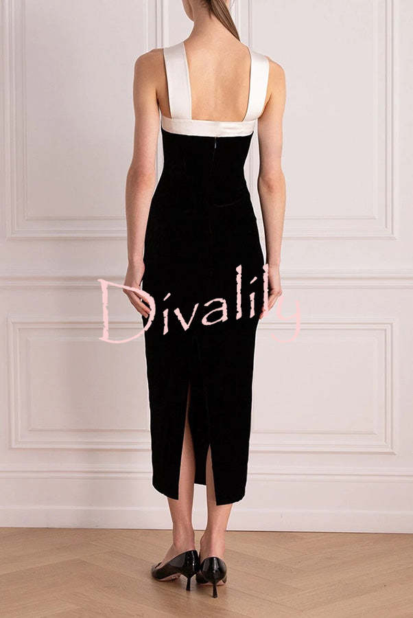 Sociable Elegance Velvet Contrast Bow Shoulder Strap Slit Stretch Midi Dress