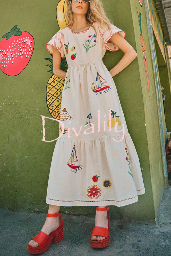 Summer Resort Printed Round Neck Bell Sleeve Maxi Dress