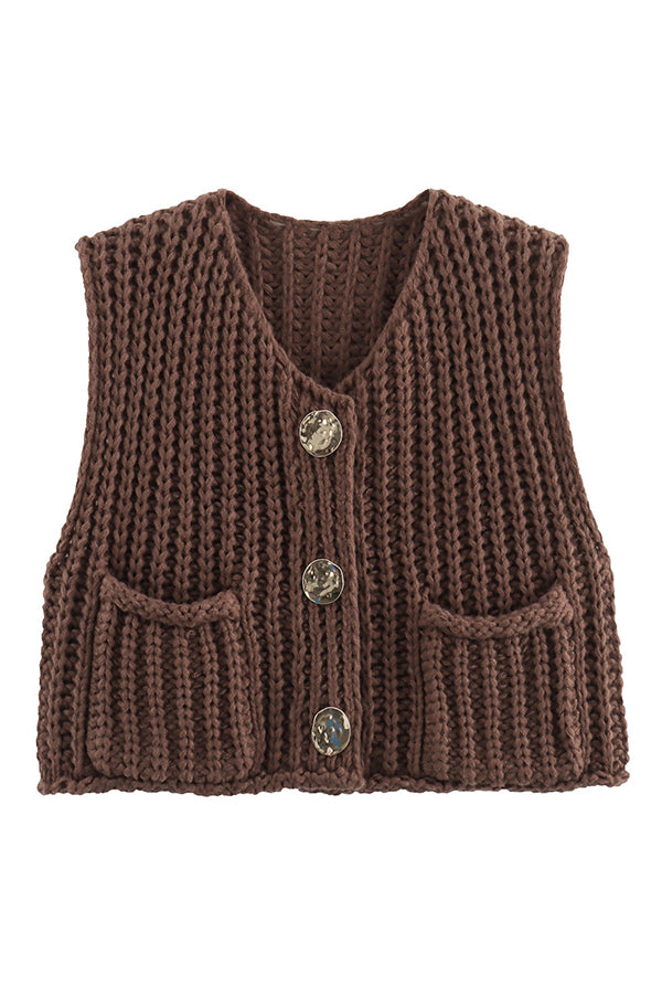 Solid Color Sleeveless Pocket Knitted Vest