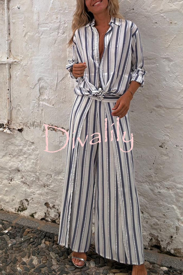 Gian Striped Print Loose Shirt and Back Elastic Waist Slit Pants Set