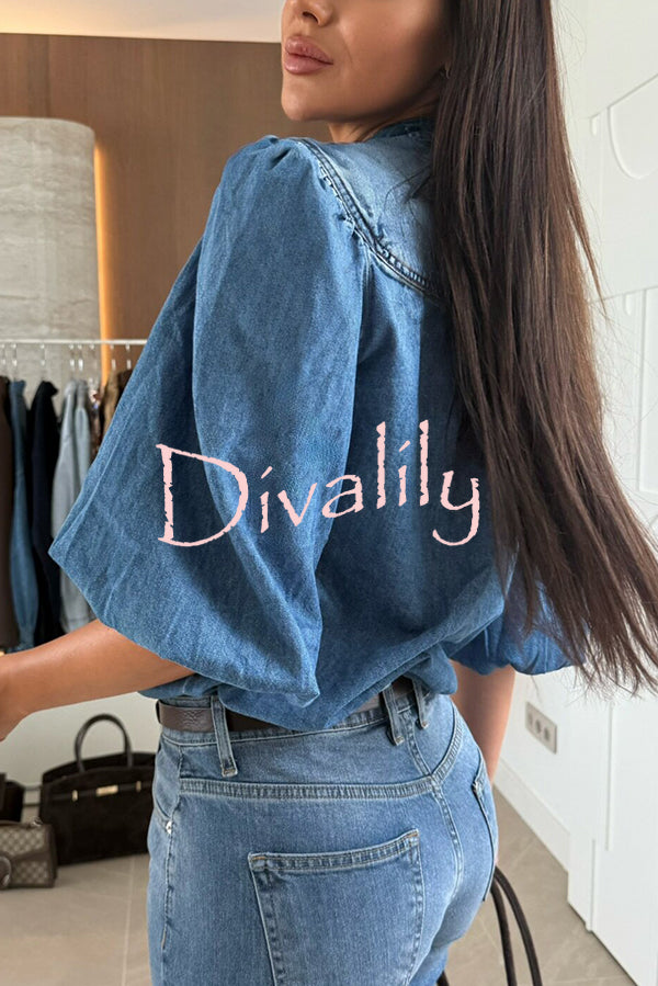 Fashion V-neck Button-down Lantern Sleeve Casual Denim Shirt