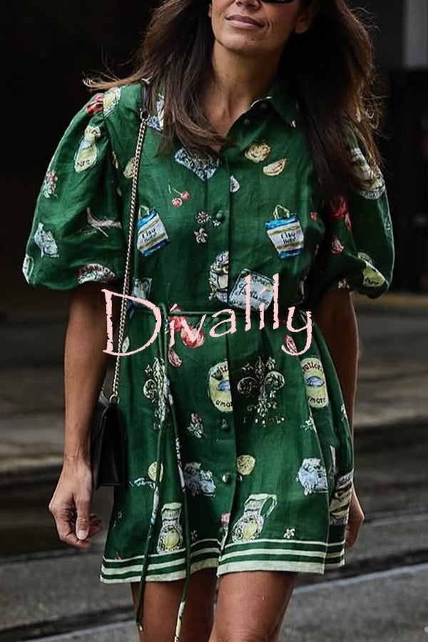 Linen Blend Unique Print Puff Sleeve Casual Mini Dress