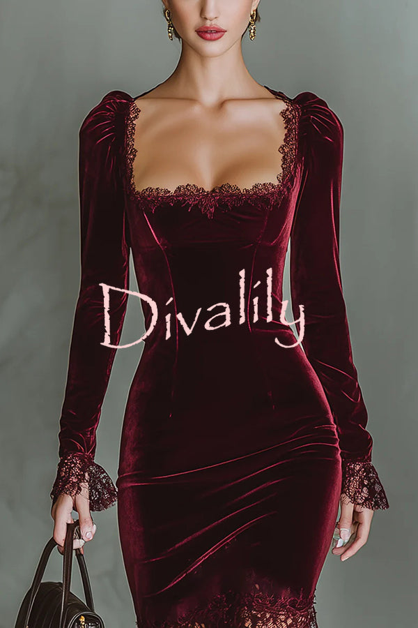 Fashionable Velvet and Lace Patchwork Square Neck Long-sleeved Maxi Dress