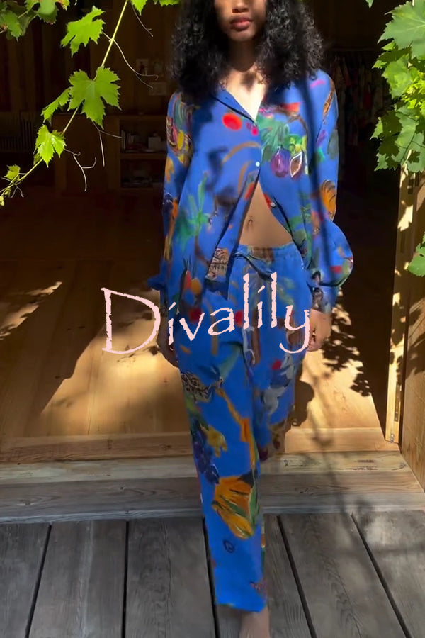Unique Print Lapel Long Sleeve Loose Shirt and Elastic Waist Pocket Wide Leg Pants Set