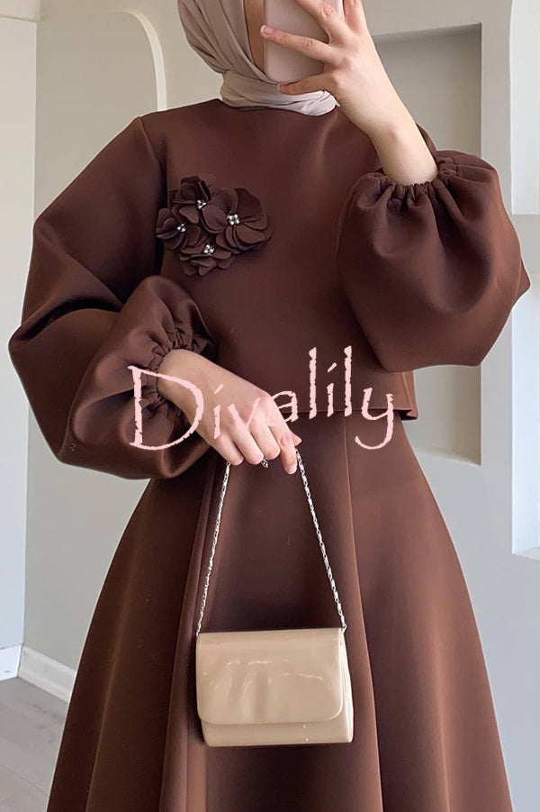 Solid Color Flower-embellished Lantern Sleeve Loose Top and Casual Maxi Skirt Set