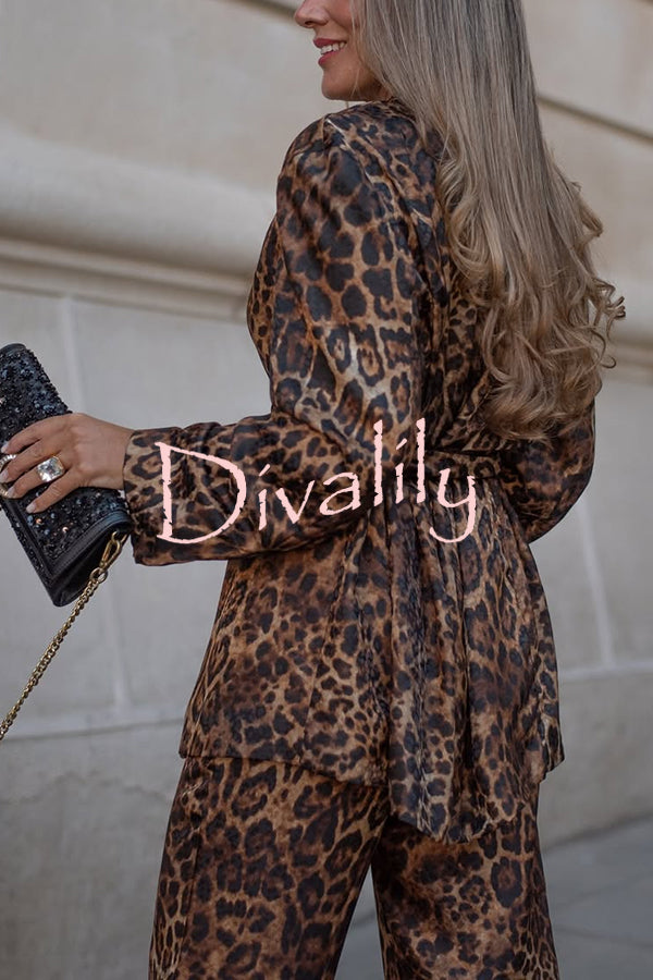Chic View Leopard Print Tie-up Waist Lapel Blazer and Elastic Waist Loose Pants Set