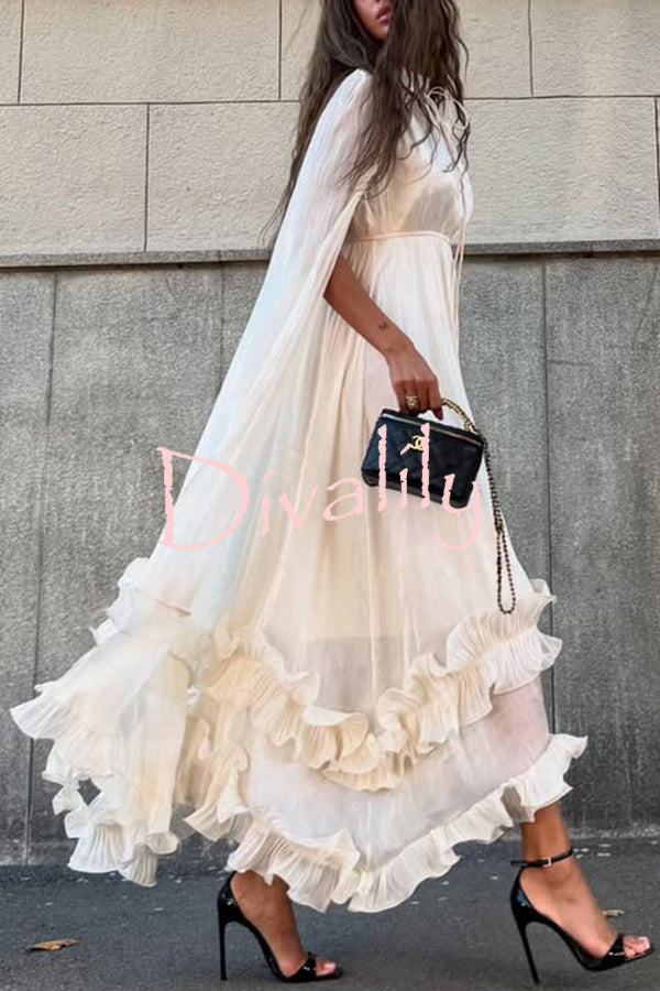 Fashionable V-neck Lace-up Ruffled Double-layer Hem Maxi Dress