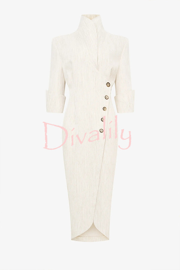 Elegant Look Linen Blend Stand Lapel Neck Half Sleeve Side Button Midi Dress