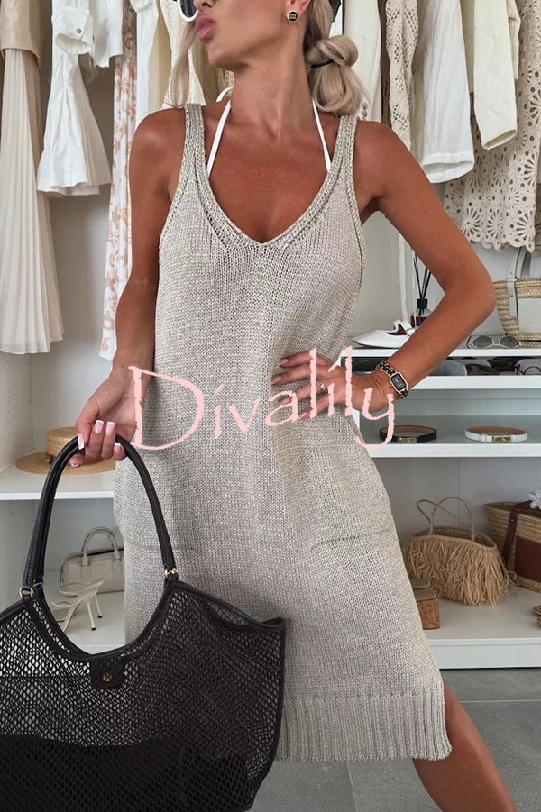 Solid Color V-Neck Sleeveless Casual Pocket Knitted Midi Dress