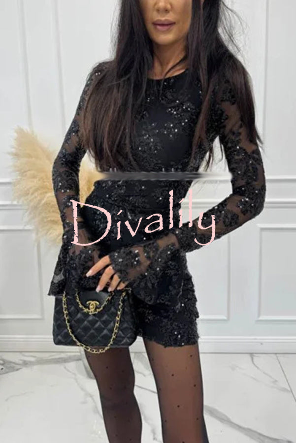 Deep and Dazzling Floral Texture Sequin Long Bell Sleeve Open Back Mini Dress