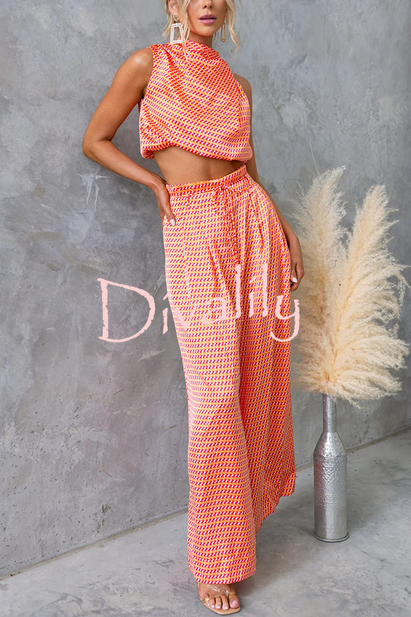 Girls Night Satin Printed High Neck Top and Elastic Tie-up Waist Pocket Wide Leg Pants Set
