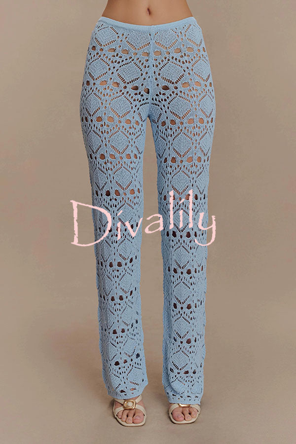 Trena Crochet Knit Hollow Mid Rise Stretch Wide Leg Pants