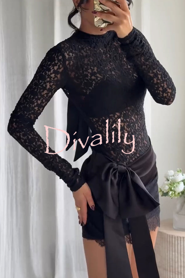 Anna Semi-sheer Lace Long Sleeve Back Bow Tie-up Cutout Stretch Bodysuit