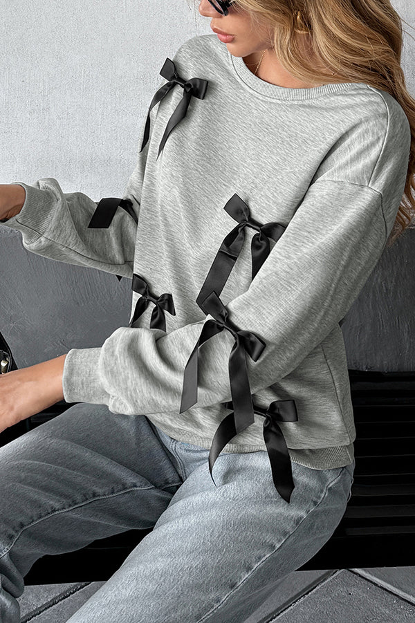 Fashionable Ribbon Bow Decorated Round Neck Loose Sweatshirt