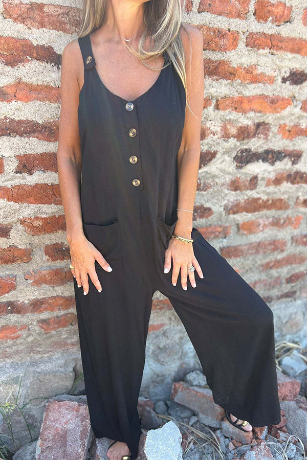 Solid Sleeveless Buttoned Casual Pockets Backless Loose Jumpsuit