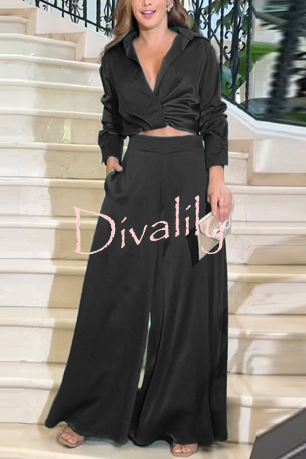 Satin Solid Color Lapel Long Sleeve Blouse and Loose-fitting Pocket Wide Leg Pants Set