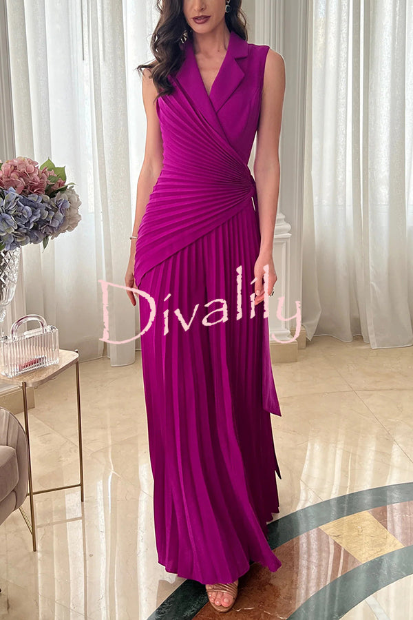Solid Color Lapel Sleeveless Waist Tie Pleated Wide-leg Jumpsuit