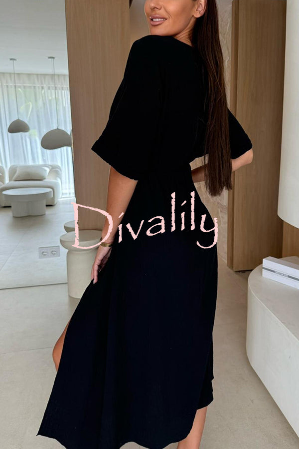 Linen Blend Solid Color V-neck Short Sleeve Waist Loose Slit Midi Dress
