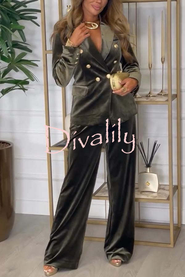 Guest of Honor Velvet Metal Button Lapel Blazer and Elastic Waist Pocketed Loose Pants Set