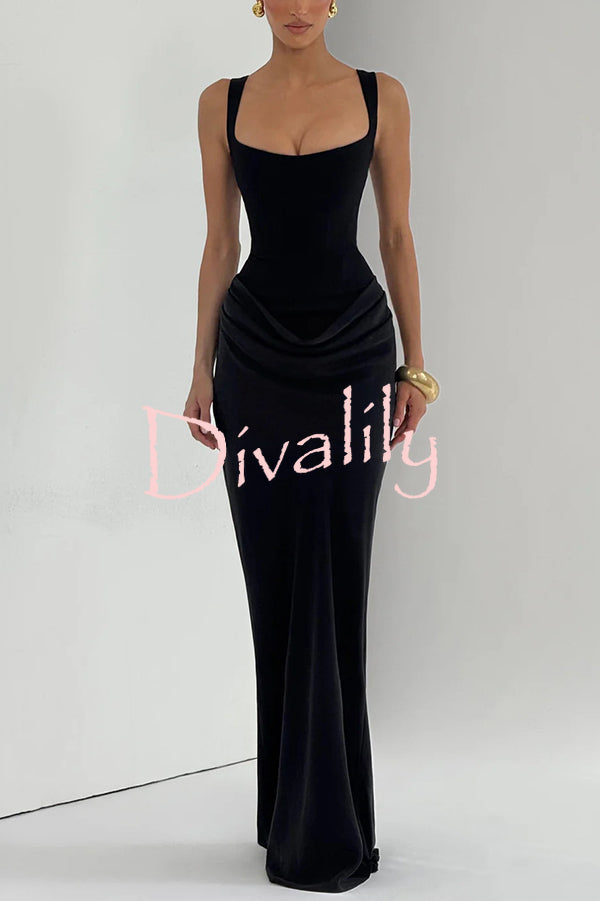 Larrah Square Neck Back Lace-up Satin Drape Hem Maxi Dress