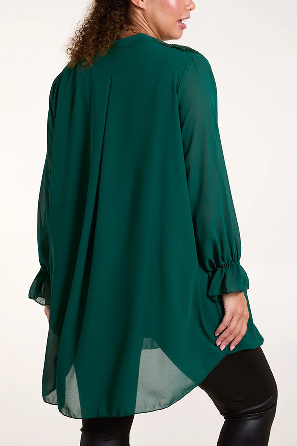 Solid Color Chiffon V-neck Long-sleeved Spliced sequin Casual Shirt