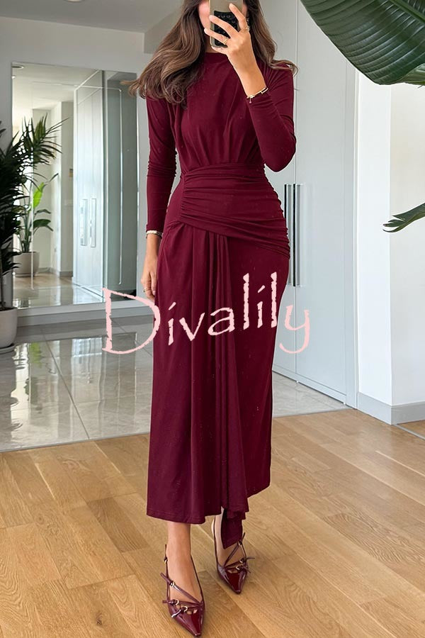 Path To Perfection Ruched Long Sleeve Drape Hem Stretch Maxi Dress