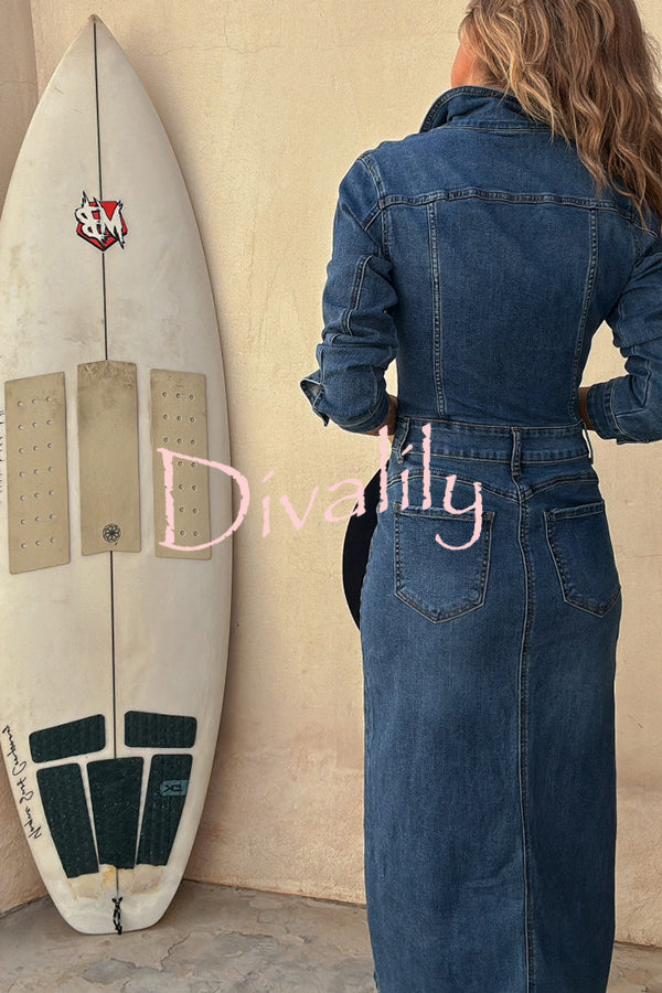 Tessy Denim Metal Button Zipper Shirt Stretch Pencil Slit Midi Dress